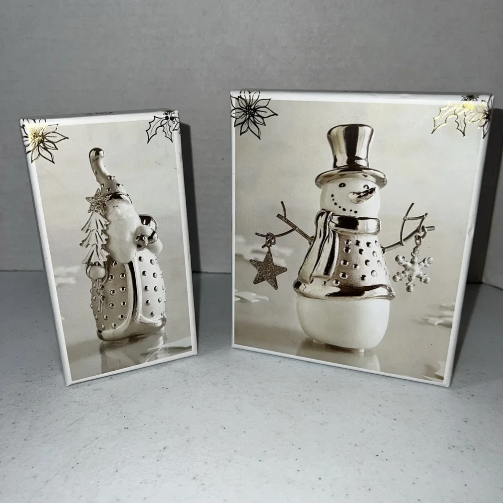 Vintage Pier 1 White Ceramic Snowman  And Santa Figures Silver Christmas